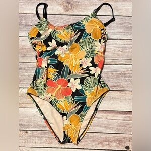Hurley Black and Yellow Floral One Piece Swimsuit Tropical Design